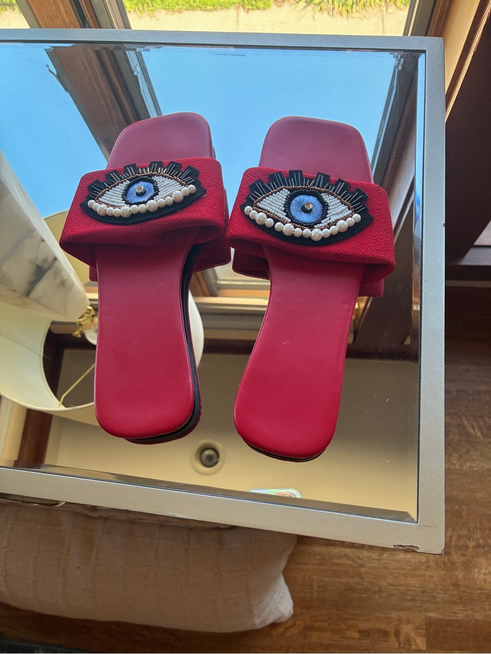 Red Embellished Slide Sandals with Eye Bead Detail